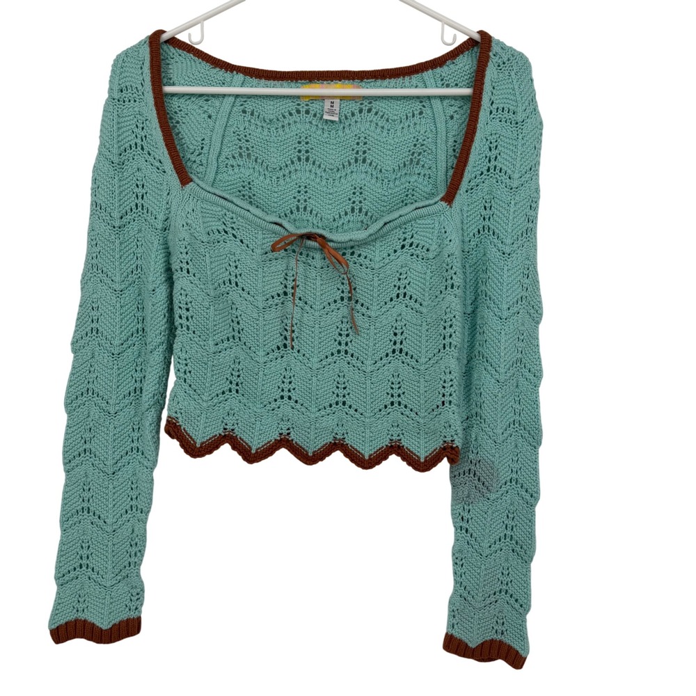 Urban Outfitters Mint Green Pointelle Knit Cropped‎ Sweater Brown Trim Bow Med